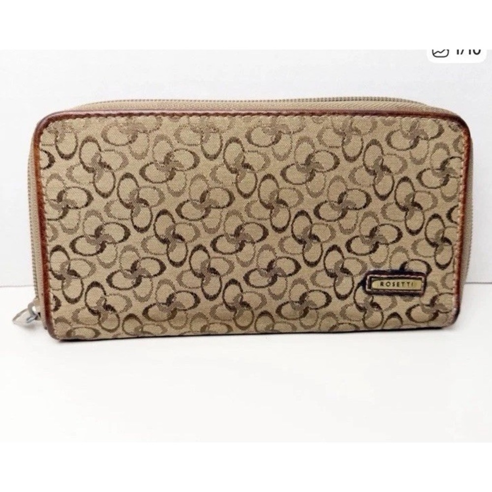 Rosetti Zip Around Wallet Tan Brown Monogram Geometric Pattern Organizer Clutch